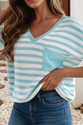 LDC Spring Stripe V Neck Patched Pocket Casual T Shirt
