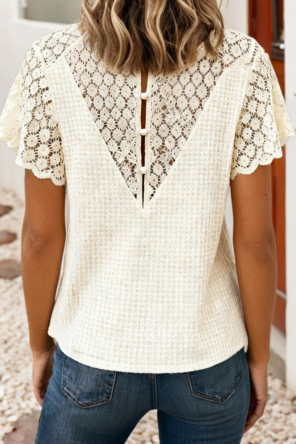 LDC V Neck Textured Knit Floral Lace Short Sleeve Top