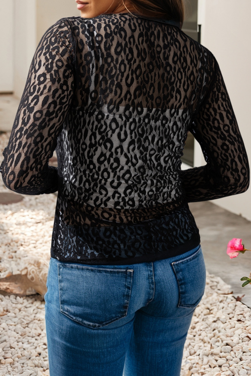 LDC Leopard Pattern Sheer Mesh Long Sleeve Top