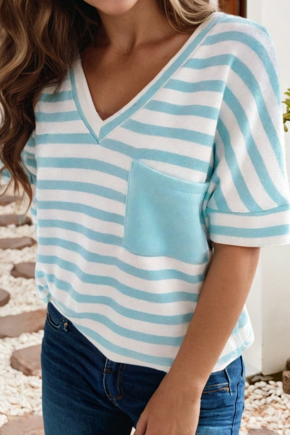 LDC Spring Stripe V Neck Patched Pocket Casual T Shirt