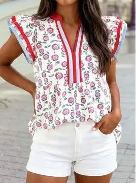 Red & Blue Flowers Blouse